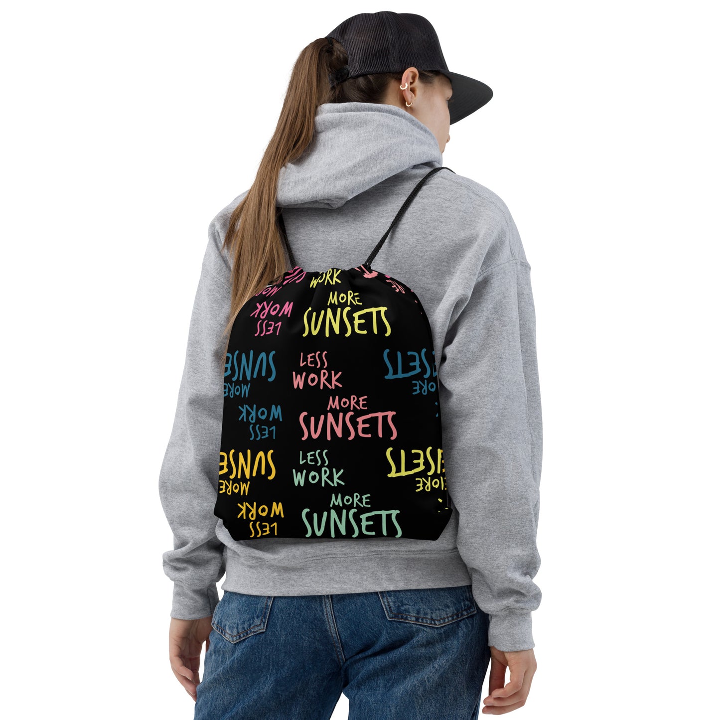 Less Work™ More Sunsets Look Sharp Drawstring bag